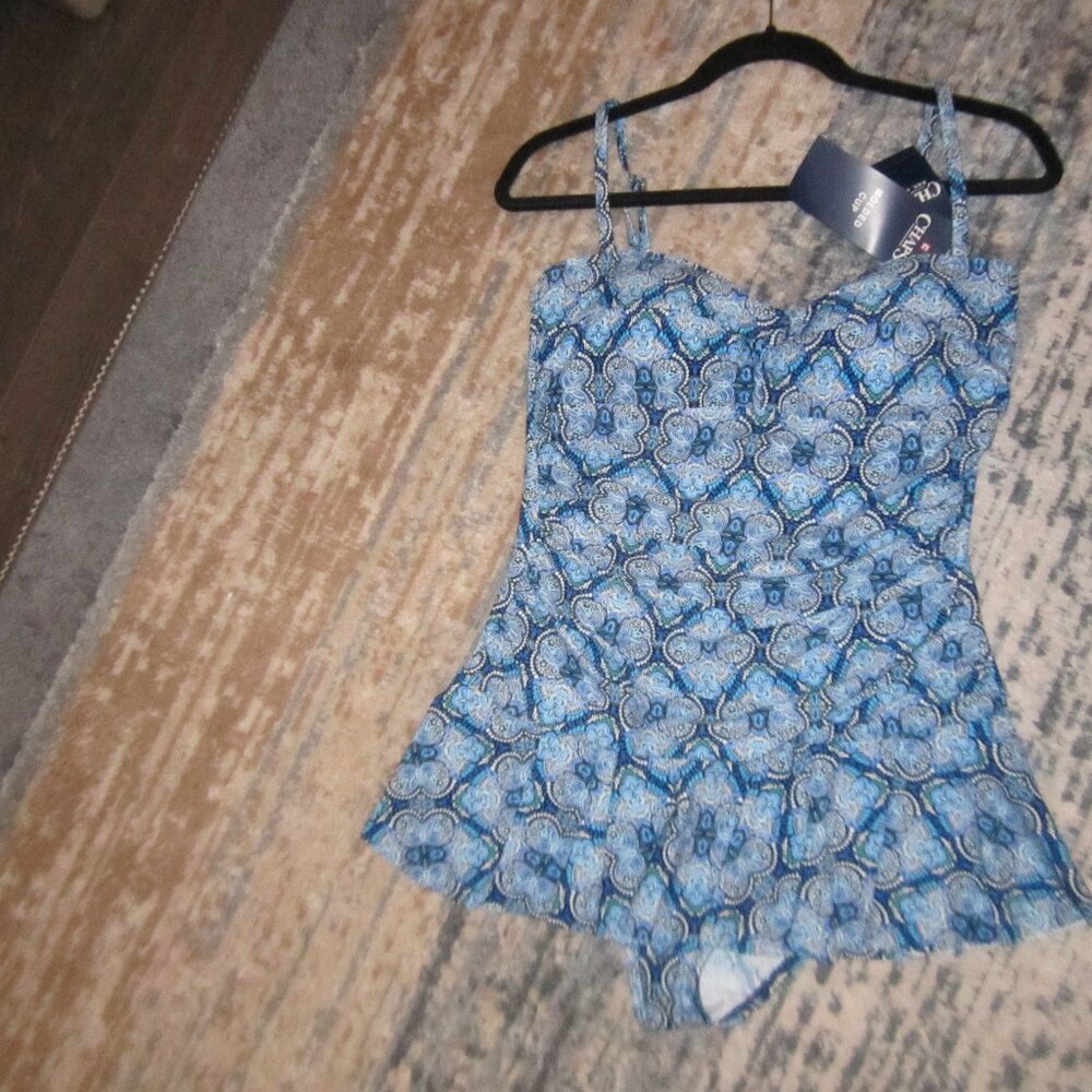Chaps 1 piece blue Bathing Suit with Support & flared bottom skirt Size 14 NWT